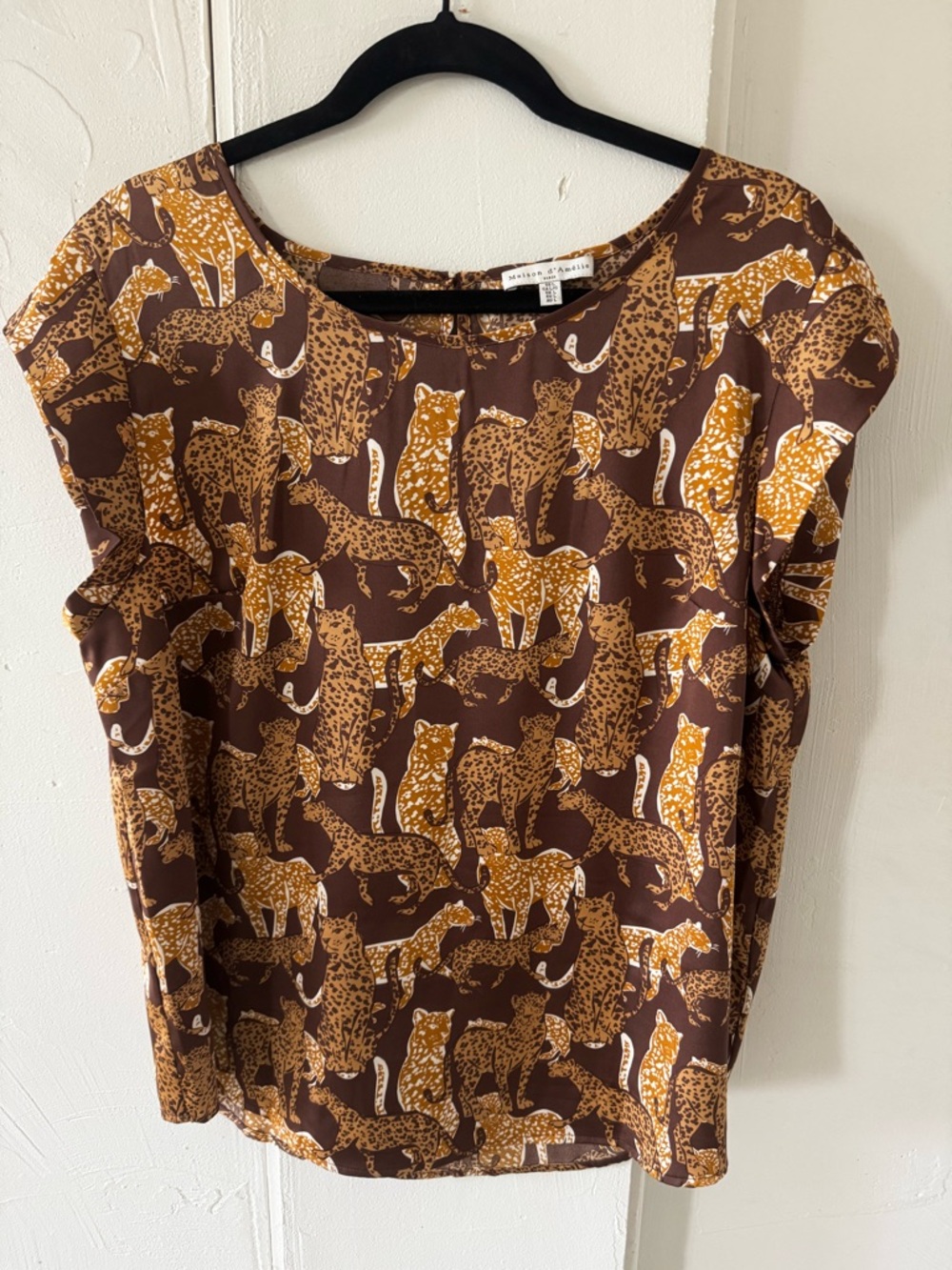 Cap Sleeve Mustard Leopard-Print Short-Sleeve Blouse